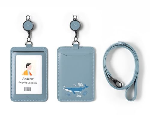 EKAX Porte-badge avec lanière réglable et porte-badge rétractable – Porte-carte double face pour bureau, carte de bus, étudiant, infirmière, police, enseignant – Baleine endormie