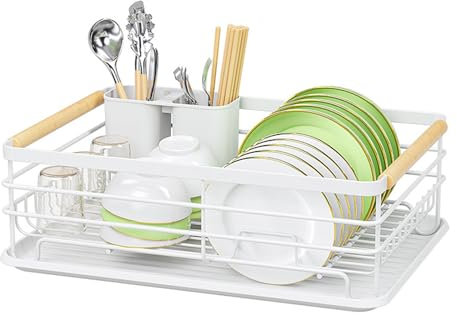 Warmiehomy White Dish Drainer Rack Metal Draining Board Rack Dish Rack with Removable Drip Tray, Sink Drainer Rack for Kitchen with Removable Cutlery Holder Wooden Handles, White