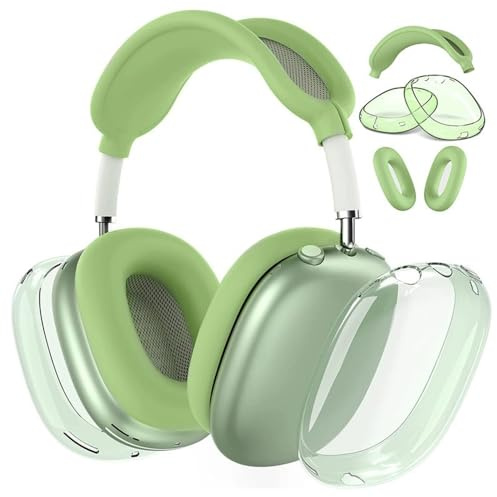 FAFALITHIC Silikon Hülle Kompatibel mit Airpods Max Case Hülle Airpods Max Zubehör Set enthält Ohrmuschelschutz, Ohrpolsterschutz und Kopfbügelschutz (Transparent Grün)
