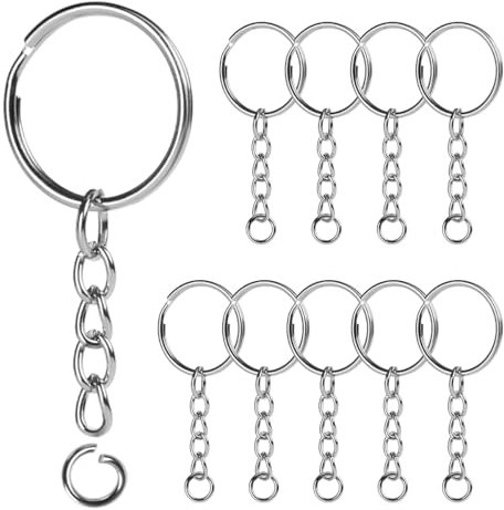 FOMGIIN Keychain Ring Set, 10pcs Splits Key Hoops (25mm) with Chain + 10pcs Jumper Rings, Sliver Metal Keyring Chains Keyrings for DIY Tassels Art Resin Jewellery Making Craft Attachment (10 Sets)