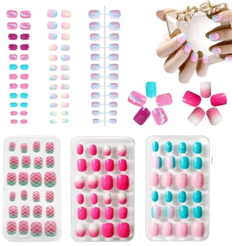 Bettinay 144 PCS Fake Nails for Kids, Glitter Full Cover Short False Nail, Tips Stick on Children Lovely Gift Girls Art Decoration