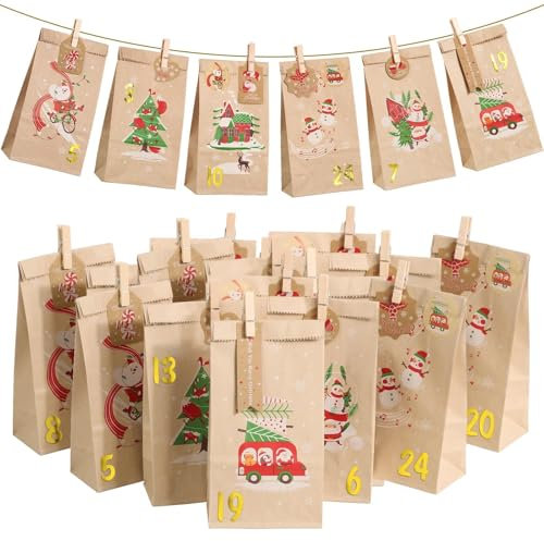 BOFUNX 24pcs Sacchetti Calendario dell'Avvento Sacchetti di Carta Natale Calendario dell'Avvento Fai da Te Sacchetti per Caramelle Natale con Adesivi Numeri per Biscotti Confetti Festa di Natale