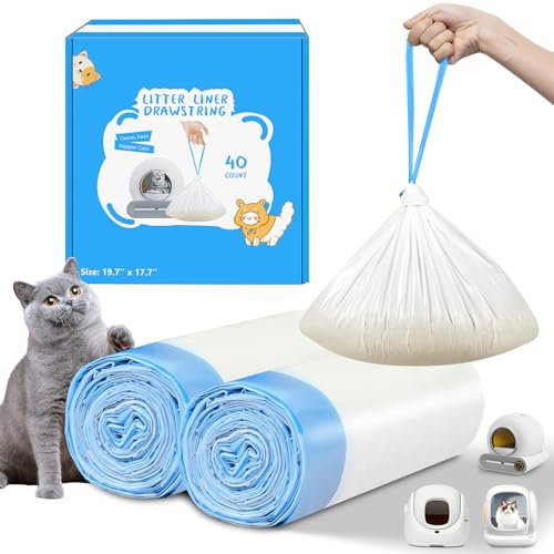 Kitcanis 40PCS Cat Litter Tray Liners, Cat Litter Bags with Drawstring, Scratch Resistant and Leak Proof, Litter Tray Bags Compatible with SUW, Furrytail, Meowant, PetCove, Mintakawa - 17.7 x 19.68