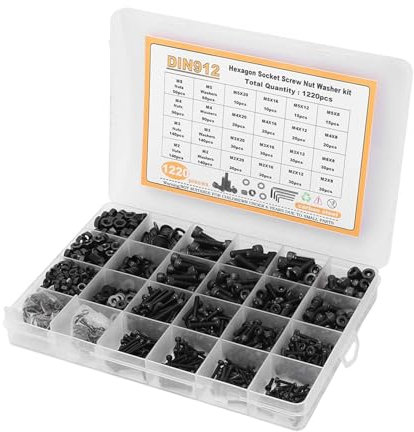 Kit assortimento da 1220 pezzi di viti a testa cilindrica con esagono incassato, dadi e rondelle, in acciaio al carbonio M2, M3, M4, M5 for ferramenta elettronica, mobili con scatola portaoggetti.