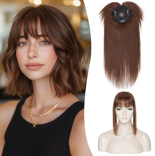 S-noilite Topper für Frauen Echthaar mit Pony 150% Dichte Toupet Haarteil Echthaar Damen Haarverdichtung für Dünnes Haar Mono Basis 25cm - 32g #4 Schokoladenbraun