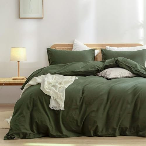 Tospass Coton Housse de Couette 200x200cm Vert Olive Couleur Unie Élégante Parure de Lit 2 Personnes Adultes 3 Pièces avec Fermeture Éclair Housse Couette en Coton avec 2 Taie d'oreiller 65x65cm