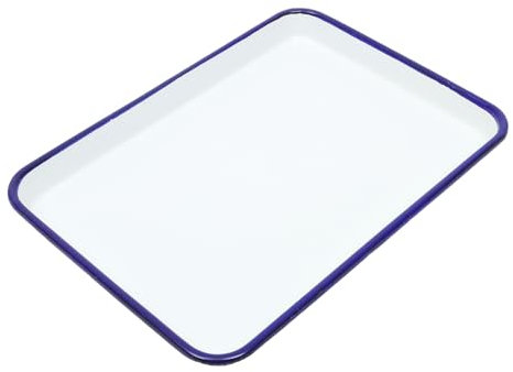 PHENOFICE Enamel Baking Pan Blue Rim Enamel Baking Cookie Sheets Rectandular Serving Tray 27x19cm Enamelware Roasting Tray Dinner Plate for Kitchen Bread BakeWare