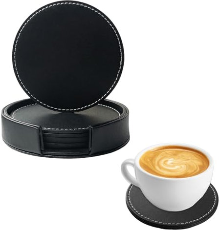 AhhiAboo 5 Stück PU Leder Untersetzer - Runde Tassenunterlage mit Halterung - Bier Getränk Getränke Tisch Untersetzer für Tabletop Schutz und Home Decor (Schwarz)