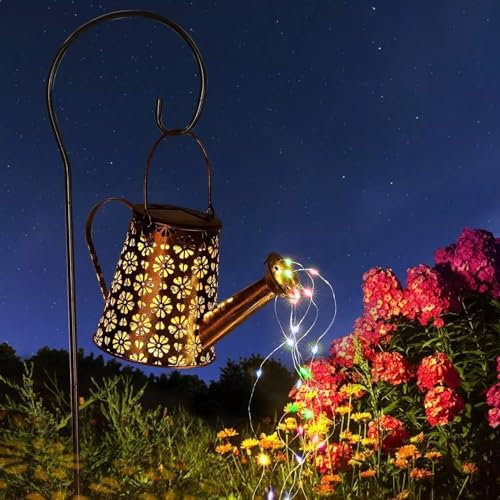 Solar Watering Cans Lights with LED Solar Colorful String Lights, Garden Ornaments Outdoor, Waterproof Solar Garden Lights with Hook Hanging Retro Metal, for Garden Patio Yard Pathway Lantern Plant