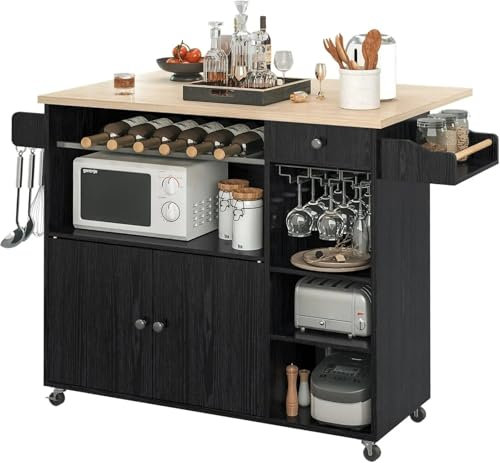 RLVYTA Storage Rack Rolling Kitchen Island Cart, Microwave Rack Serving Cart On Wheels With Drawer & Shelves & Cup Hanging, Black Trolley on Wheels