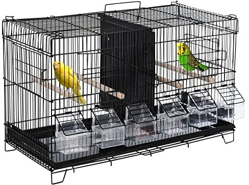 PawHut Vogelkäfig mit Trennwand für Vögel, mit Haken oben, Türen, Futterstangen, Kleiderbügel und herausnehmbares Tablett für Kanarienvögel, Wellensittiche, 59,5 x 26,5 x 39,5 cm, Schwarz
