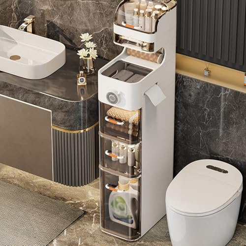 7 Tiers Badezimmerschrank Schmal mit Rollen - Große Kapazität Badschrank 112.5x39.5x18cm - Wasserdichter Multifunktionaler Badmöbel zur Aufbewahrung von Toilettenpapier, Badehandtuch, Shampoo