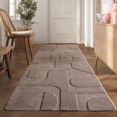 Teppium Boho Teppich Läufer 80 x 150 cm Beige – Waschbar & Pflegeleicht – Weicher Skandinavischer Deko Teppich mit 3D-Effekt – Ideal für Flur, Küche oder Schlafzimmer