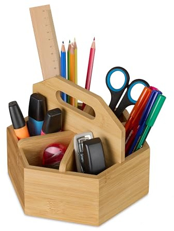 Relaxdays Stiftehalter, Bambus, drehbarer Schreibtisch Organizer, HBT 15x17x19 cm, Stifte & Scheren, Pinselhalter, Natur