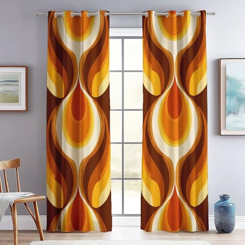 Verdunkelungsvorhänge Ösen Retro-Illustration der 70er Jahre, H 200 x B 70 cm (2er Pack) Bedruckte Thermo Isoliert Blickdichte Vorhänge, Orange