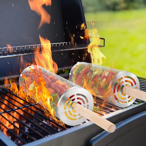 Landrip Set di cestini per barbecue rotanti, manico in legno rimovibile, in acciaio inox, accessorio per barbecue per verdure, gamberetti, barbecue a gas all'aperto, regali per uomini