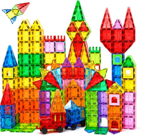 MXBLOCKY 102PC Magnetische Bausteine mit 2 Auto Magnetbausteine Spiel ab 3+ | Montessori Magnet Bausteine Magnetic Tiles Block Kinder Weihnachts Geburtstag Geschenk Spielzeug ab 3 4 5 6 7+ Junge Mädchen