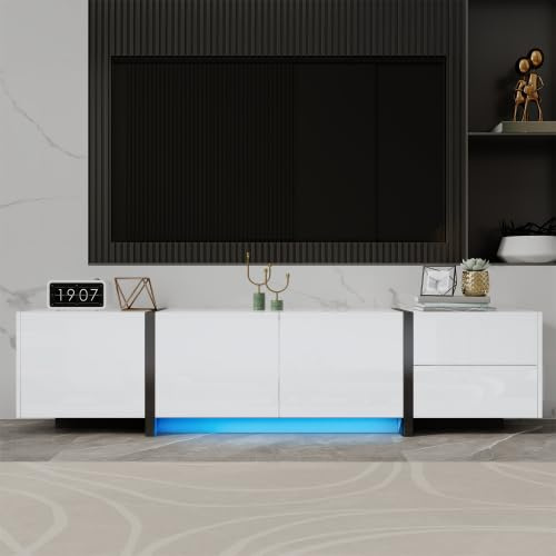 Merax White High Gloss TV Unit Cabinet,Sturdy with Black Accents,Spacious Storage,Ideal for Living Room Media Organization & Decor,Easy Assembly - 170 * 29.5 * 40 CM