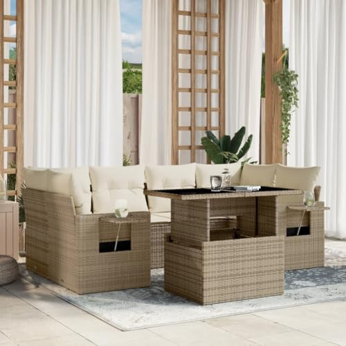 QJBSAVVA 7-TLG Garten Rattan Lounge Set Beige 62x62x69 cm mit hohem Tisch platzsparend für kleine Balkone und Terrassen