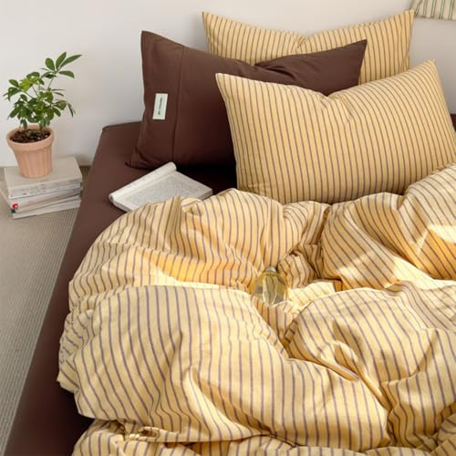 Housse de Couette 140x200 Rayée Jaune Marron avec 1 Taie d'oreiller 65x65cm