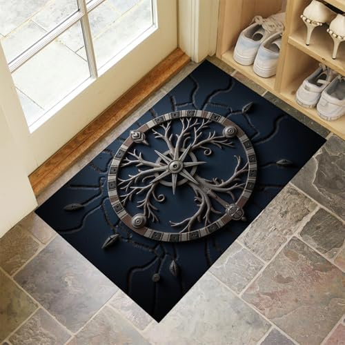 MULERN Zerbino Vintage per Interni, Nero Blu, Tappeto Lavabile 80x120cm con Retro Antiscivolo, Stampa Rosa Dei Venti, Sottile in Finta Lana Super Morbida, per Ingresso, Camera