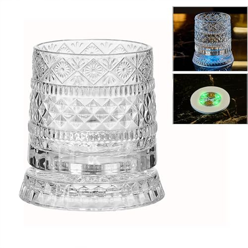 360 Degree Rotating Whiskey Gläser|Licht whisky gläser Für Sammler, Hausbar, Geburtstage, Urlaubspartys, Vatertags, Includes a seven-color light-up coaster (battery-powered)