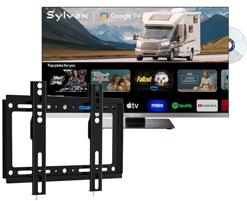 SYLVOX Smart Google TV 24 per Camper & Supporto TV Regolabile | 1080P | Lettore DVD Integrato, Adattatore Televisori 12V, Triple Tuner DVB-T2/S2, USB, HDMI, Ideale per Roulotte, Caravans, Camion