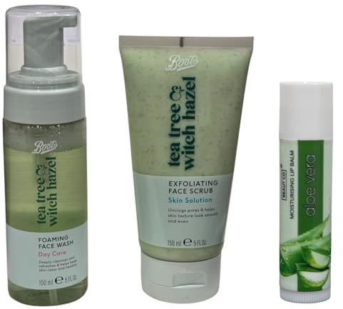 Boots Tea Tree & Witch Hazel Exfoliating Face Scrub Look Smooth 150ML And Day care Foaming Face Wash 150ML With Free Aloe Vera Lip Balm