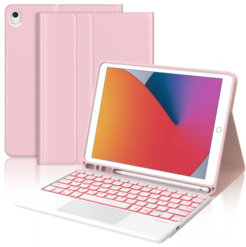 Étui Clavier pour iPad 9ème/8ème/7ème Generation(2021/2020/2019) 10.2 | Coque Keyboard avec Rétroéclairage 7 Couleurs et Pavé Tactile, Français AZERTY Layout pour iPad 10.2 Pouces, Rose