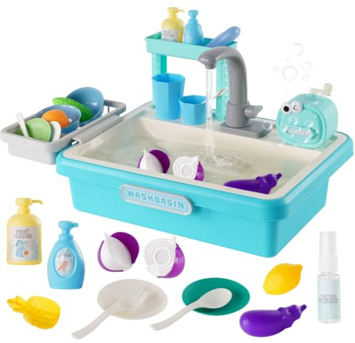 Fregadero Juguete con Agua, cozinha de brincar, máquina de Burbujas, Verduras de plástico extraíbles, Lavabo Infantil de 25 Piezas para niños y niñas (Azul)