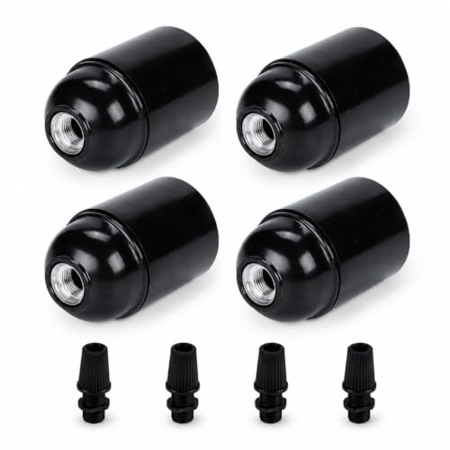 Powice 4 Stück E27 Lampenfassung Bakelit Schwarz mit Zugentlastung | Klassische glatte E27 Fassung aus Bakelit mit Kabelklemme, ideal für Pendelleuchten, Lampenschirme und DIY-Lampen.