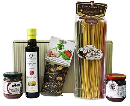 Geschenkkorb TRICOLORE mit ausgesuchten italienischen Feinkost Spezialitäten Zitronen Olivenöl extra vergine, Olivenpaste, Spaghetti
