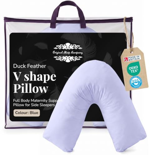 Bedding Direct UK Superior Duck Feather V-Shaped Pillow - Side Sleep Pregnancy Pillow with Polycotton Cover with Pillowcase - Support to Eliminate Neck, Back, Hip, Joint - U Shape Neck Pillow Blue