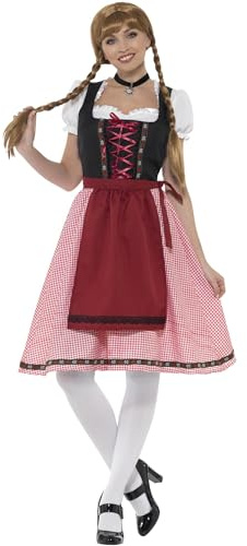 Smiffys Bavarian Tavern Maid Costume, Red & Black with Top, Dress & Apron, Oktoberfest Fancy Dress, Adult Dress Up Costumes