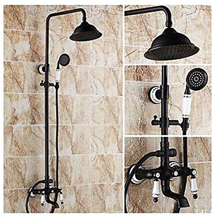 GLYYR Schwarz Duschsystem Messing Brausegarnitur Mit Handbrause, Kopfbrause, Badewanne Auslauf Für Die Wandmontage