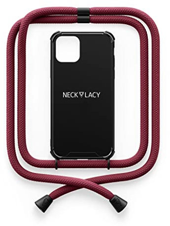NECKLACY® - Die Premium Handykette für Apple iPhone 12/12 Pro in Black Berry | Schwarze Handyhülle mit hochwertiger Kordel zum Umhängen - Smartphone Crossbody Case