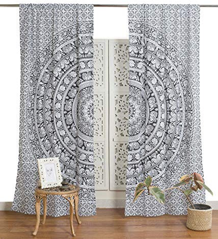 Popular Handicrafts indischer Hippie, Bohemian, wunderschöner Elefant, Schwarz und Weiß, Mandala Vorhangpaneele