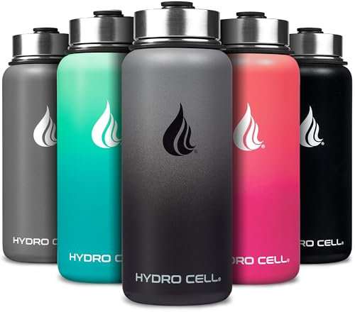 HYDRO CELL Edelstahl-Wasserflasche mit Strohhalm & Weithalsdeckel (64oz 40oz 32oz 24oz 18oz 14oz) - Isoliertes schweißfestes Sportdesign (Graphit/Schwarz - 32oz)
