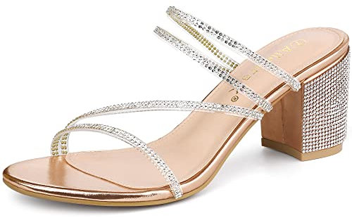 Allegra K Sandali da donna con tacco a blocchi con strass, Oro rosa, 40 EU