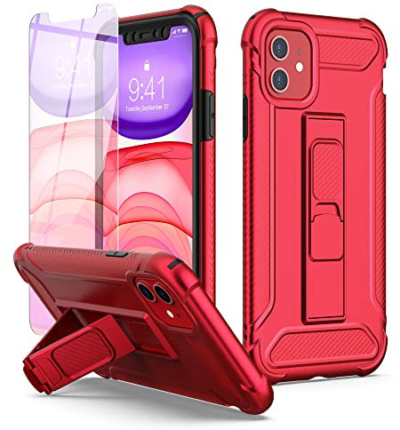 ORETECH Designed for iPhone 11 Case, and [2 x Tempered Glass Screen Protectors] [Built-in Kickstand] Military Grade Shockproof iPhone 11 Case 360 Full Body Protective Silicone TPU Bumper Cover - Red