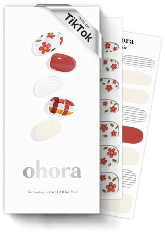 ohora Semi Cured Gel Nail Strips (N Check Camellia) - Salon-Quality, Long Lasting, Easy to Apply & Remove - Includes 2 Prep Pads, Nail File & Wooden Stick - Red