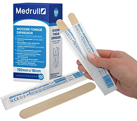 Medrull Holzmundspatel 100 Stück, 1.8cm x 15cm-Einzeln verpackt in Papierbeutel-zum Auftragen von Salben oder Wachsen-für medizinische Zwecke- den Mund- und Rachenraum zu untersuchen