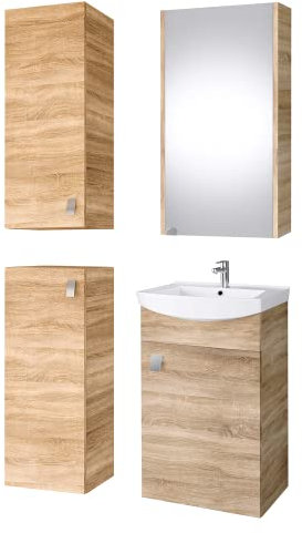 Planetmöbel Badmöbel Set Waschtisch mit Unterschrank 45 x 60 x 33 cm mit Spiegelschrank 40 cm, 2X Midischränke für Badezimmer, Gäste WC & Bad, Sonoma Eiche