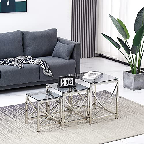 JYMTOM Satztisch 3er Set Couchtisch Beistelltisch aus Edelstahlgestell und Hartglas für Wohnzimmer Cafè und Bar modernes Design Sofatisch (Silber B, schwarzes Glas)