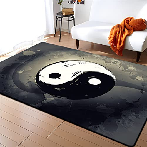 Teppich mit Yin und Yang Druck Heimdekoration Schwarz Weiß Grau Kunst 3D Tai Chi Mandala Muster Schlafzimmer Küche Wohnzimmer Badezimmer Bodenmatte Fußmatte Outdoor Teppiche (Farbe 1,140x180 cm)