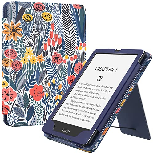 MoKo Hülle Kompatibel mit Kindle Paperwhite 11. Generation 2021, Slim PU Tablet Schutzhülle mit Auto Schlaf/Aufwach Handschlaufe für Kindle Paperwhite 6,8 Zoll, Signature Edition, Blaue Blattröschen