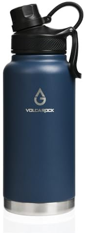 VOLCAROCK Sports Water Bottle 24/32/40/64Oz with Straw Lid Dustproof, 3 Lids, Vacuum Insulated Stainless Steel, Simple Thermo Flask, Modern Double Wall Hydro Metal Canteen- 32 Oz Navy Blue