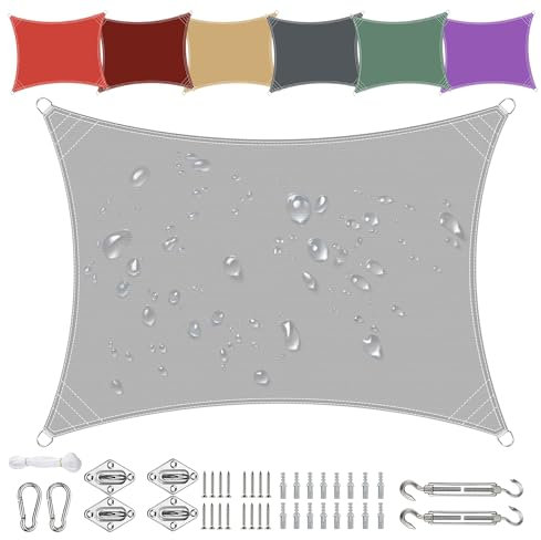 Sonnensegel Wasserdicht Rechteckig 5x6m aus PES-Polyester 95% UV-Schutz Witterungsbeständig Reißfest in Vielen Größen und Farben mit Befestigungsset für Terrasse Garten Balkon-Hellgrau