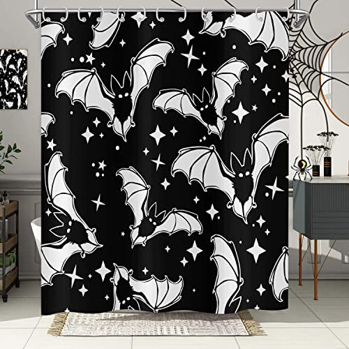 Hnmdmyi Duschvorhang Halloween 180x200, Schwarze und Weiße Fledermäuse Duschvorhänge Gothic Spooky Horror Halloween Thema Badewanne Vorhang Wasserdicht Polyester Stoff Waschbar Badevorhang mit Haken