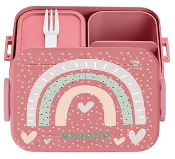 wolga-kreativ personalisierte Mepal Brotdose Regenbogen Herz - Lunchbox Kinder mit Namen, Jausenbox Schule, mit Fächern Mepal, Geschenk Kindergarten Einschulung